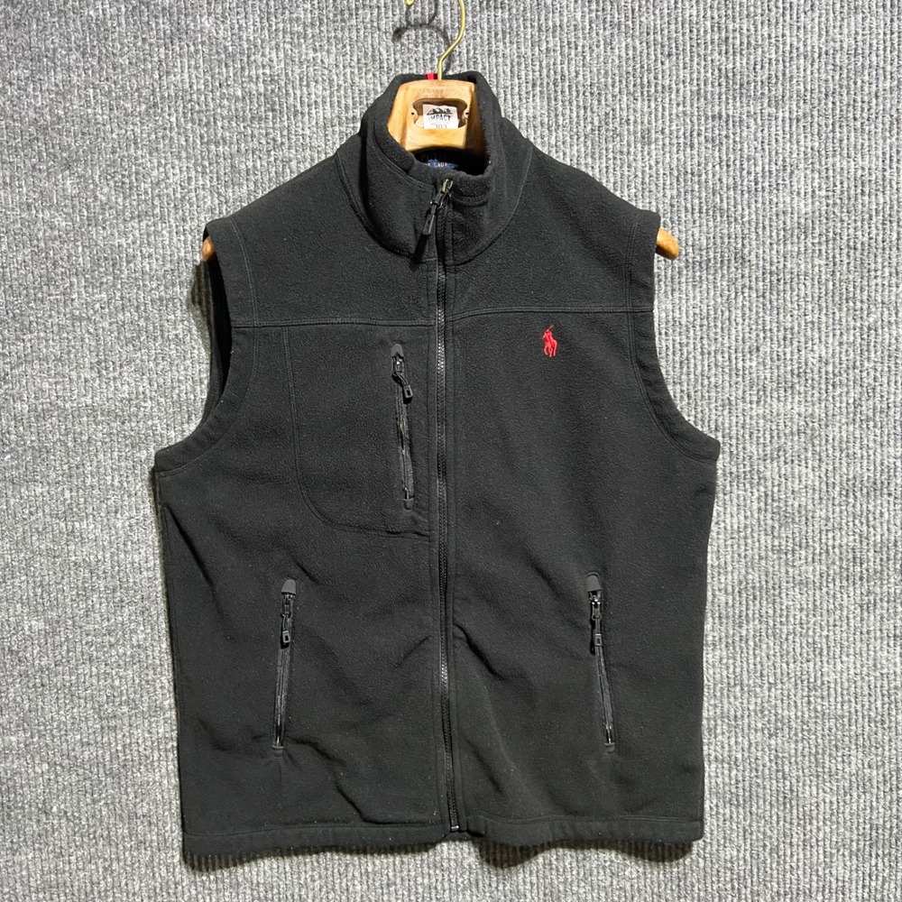 Polo Ralph Lauren Fleece Vest Mens Medium Black Full Zip Red Pony Logo Mock Neck